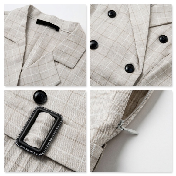 Plaid Beige Pleated Double Breasted Midi Dress - Picture 6 of 8